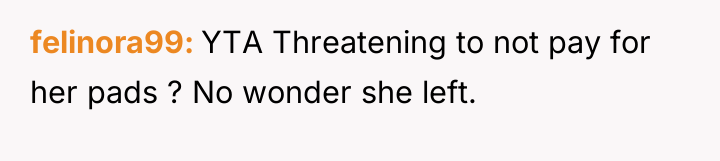 felinora99 YTA Threatening to not pay for her pads ?...