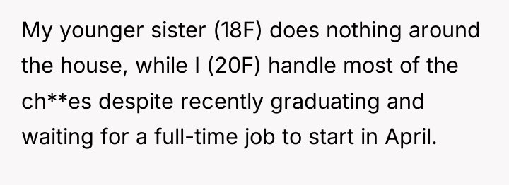 My younger sister (18F) does nothing around the house, while...