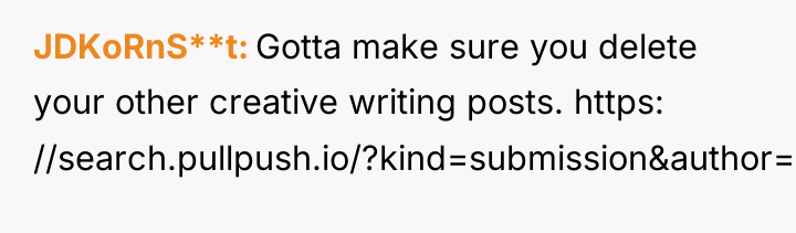 JDKoRnS**t Gotta make sure you delete your other creative writing...