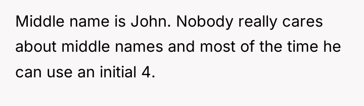 Middle name is John. Nobody really cares about middle names...