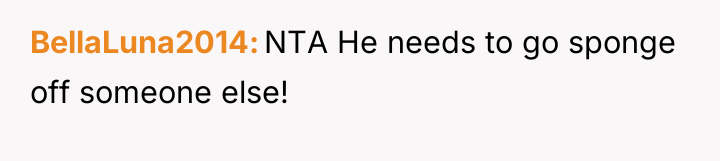 BellaLuna2014 NTA He needs to go sponge off someone else!