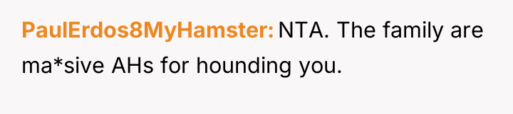 PaulErdos8MyHamster NTA. The family are ma*sive AHs for hounding you.