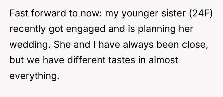 Fast forward to now: my younger sister (24F) recently got...