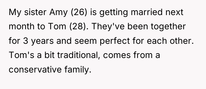 My sister Amy (26) is getting married next month to...