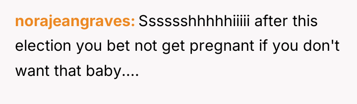 norajeangraves Sssssshhhhhiiiii after this election you bet not get pregnant...