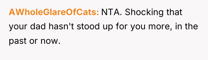 AWholeGlareOfCats NTA. Shocking that your dad hasn't stood up for...