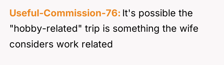 Useful-Commission-76 It's possible the "hobby-related" trip is something the wife...
