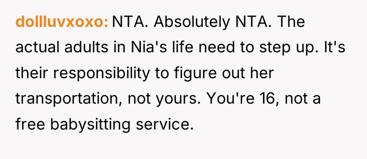 dollluvxoxo NTA. Absolutely NTA. The actual adults in Nia's life...