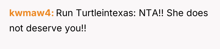 kwmaw4 Run Turtleintexas: NTA!! She does not deserve you!!