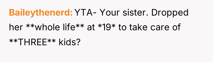 Baileythenerd YTA- Your sister. Dropped her **whole life** at *19*...