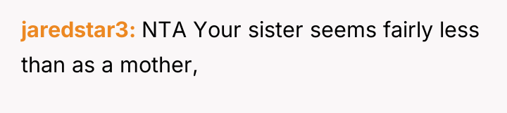 jaredstar3 NTA Your sister seems fairly less than as a...