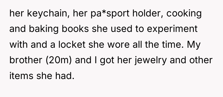 her keychain, her pa*sport holder, cooking and baking books she...