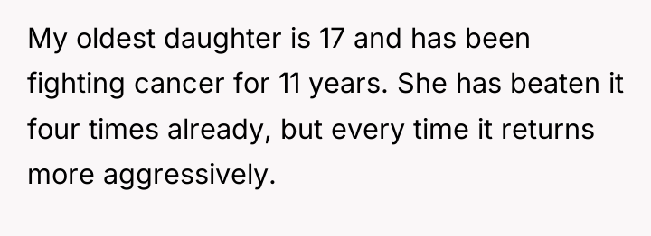 My oldest daughter is 17 and has been fighting cancer...