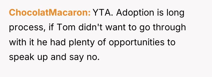ChocolatMacaron YTA. Adoption is long process, if Tom didn't want...