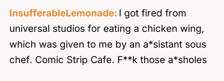 InsufferableLemonade I got fired from universal studios for eating a...