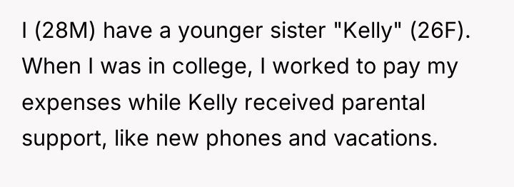 I (28M) have a younger sister "Kelly" (26F). When I...