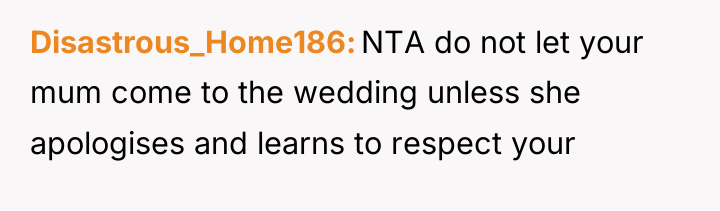 Disastrous_Home186 NTA do not let your mum come to the...