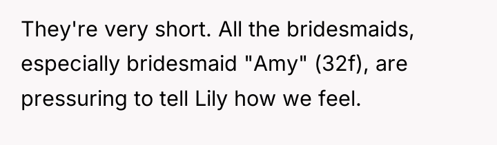 They're very short. All the bridesmaids, especially bridesmaid "Amy" (32f),...