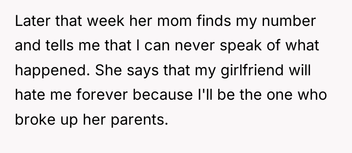 Later that week her mom finds my number and tells...