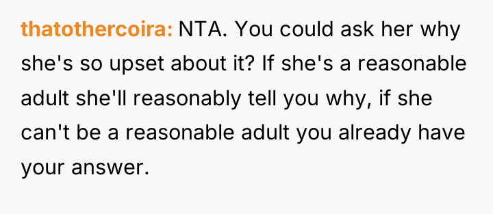 thatothercoira NTA. You could ask her why she's so upset...
