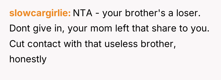 slowcargirlie NTA - your brother's a loser. Dont give in,...