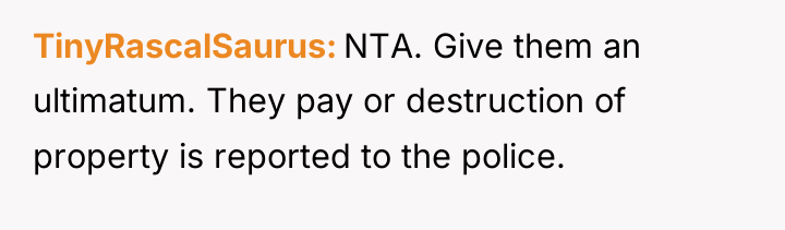 TinyRascalSaurus NTA. Give them an ultimatum. They pay or destruction...
