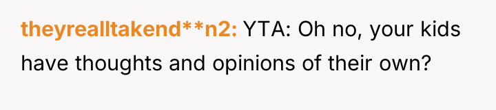 theyrealltakend**n2 YTA: Oh no, your kids have thoughts and opinions...