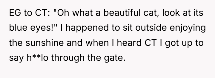 EG to CT: "Oh what a beautiful cat, look at...