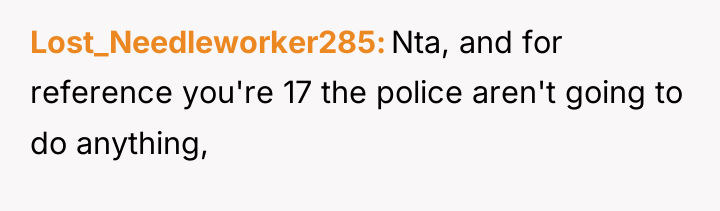 Lost_Needleworker285 Nta, and for reference you're 17 the police aren't...