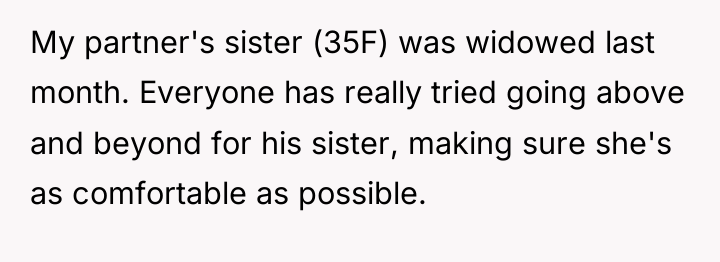 My partner's sister (35F) was widowed last month. Everyone has...
