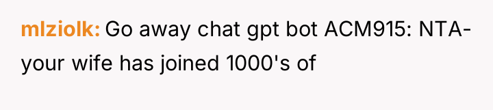 mlziolk Go away chat gpt bot ACM915: NTA- your wife...