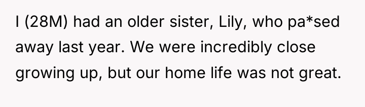 I (28M) had an older sister, Lily, who pa*sed away...