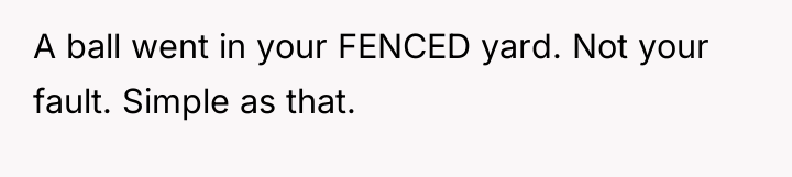 A ball went in your FENCED yard. Not your fault....