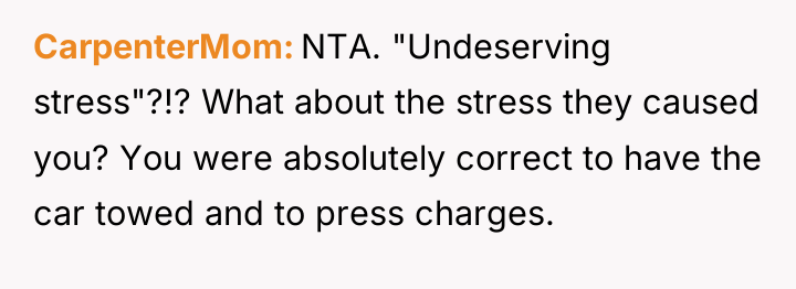 CarpenterMom NTA. "Undeserving stress"?!? What about the stress they caused...