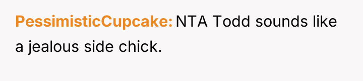 PessimisticCupcake NTA Todd sounds like a jealous side chick.