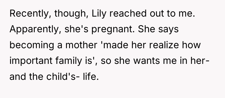 Recently, though, Lily reached out to me. Apparently, she's pregnant....