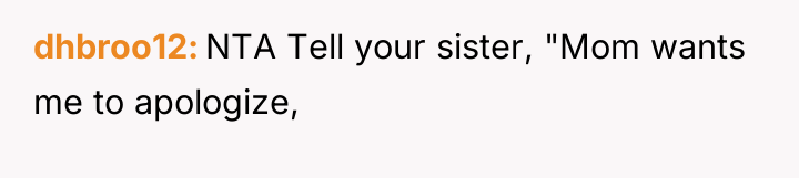dhbroo12 NTA Tell your sister, "Mom wants me to apologize,