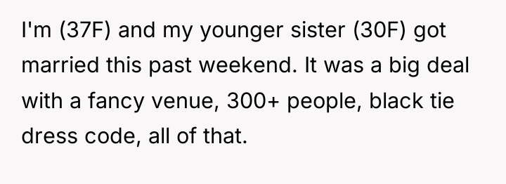 I'm (37F) and my younger sister (30F) got married this...