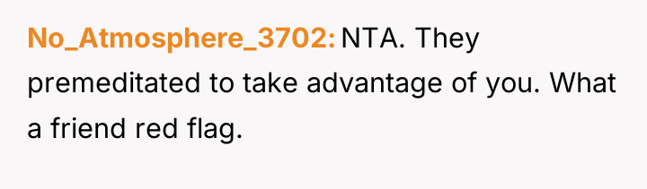 No_Atmosphere_3702 NTA. They premeditated to take advantage of you. What...