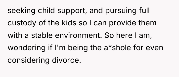 seeking child support, and pursuing full custody of the kids...
