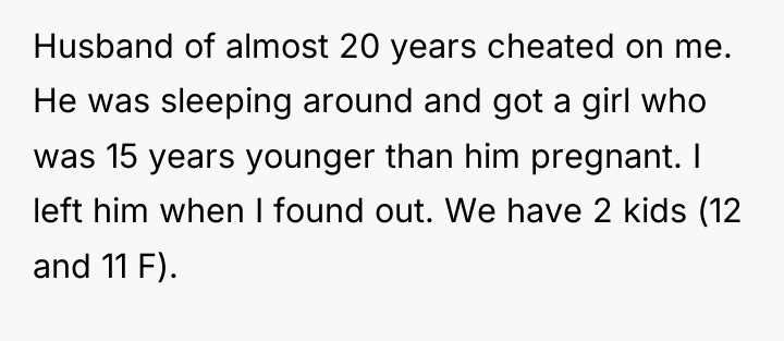 Husband of almost 20 years cheated on me. He was...