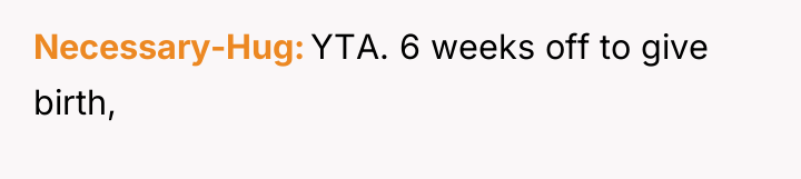 Necessary-Hug YTA. 6 weeks off to give birth,