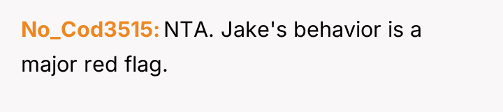 No_Cod3515 NTA. Jake's behavior is a major red flag.