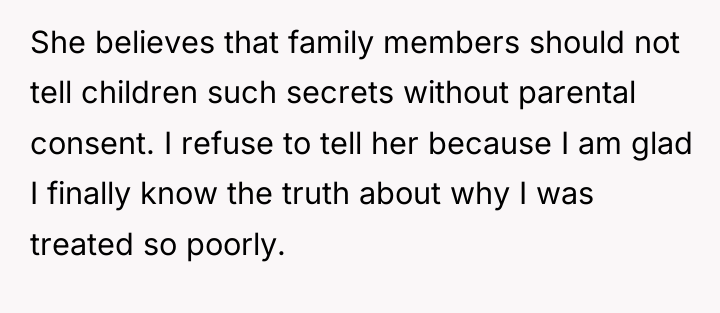 She believes that family members should not tell children such...