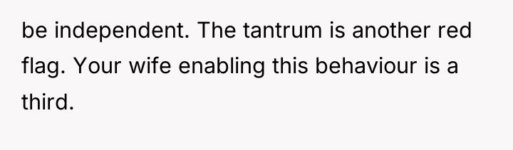 be independent. The tantrum is another red flag. Your wife...
