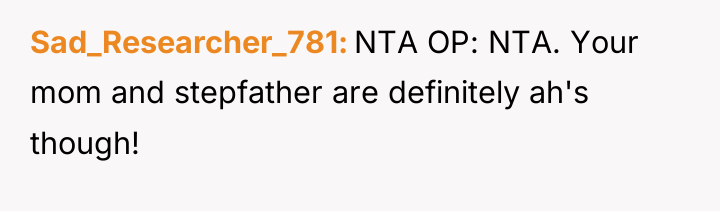 Sad_Researcher_781 NTA OP: NTA. Your mom and stepfather are definitely...