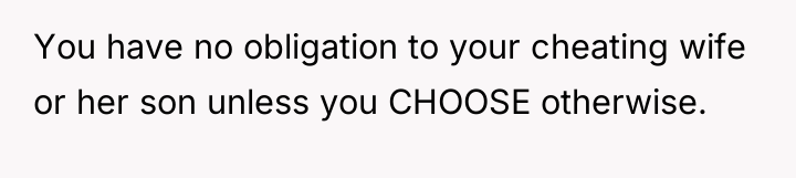 You have no obligation to your cheating wife or her...
