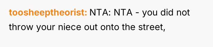 toosheeptheorist NTA: NTA - you did not throw your niece...
