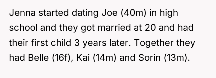 Jenna started dating Joe (40m) in high school and they...
