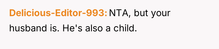 Delicious-Editor-993 NTA, but your husband is. He's also a child.